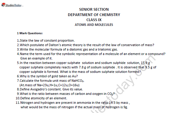 Cbse class 9 science atoms and molecules worksheet set g